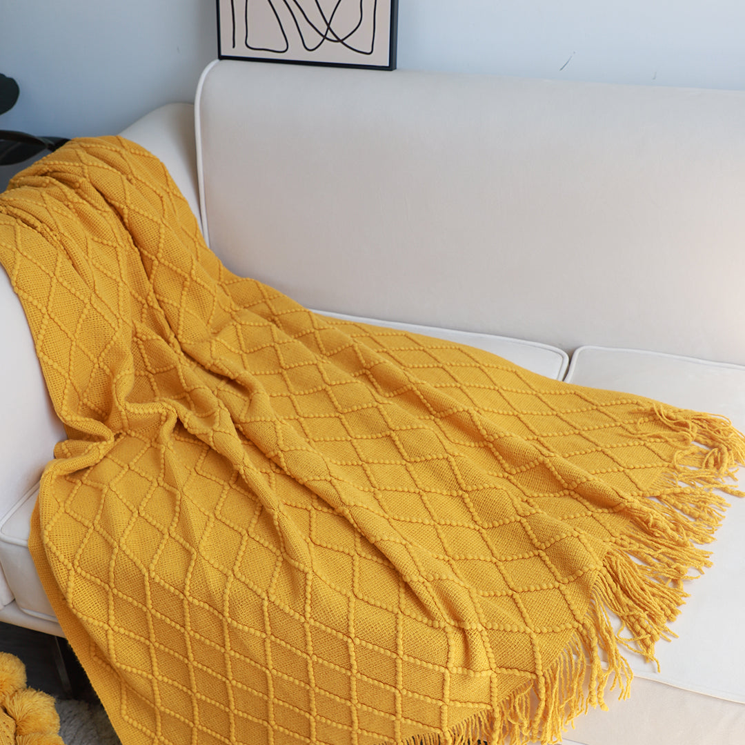 SOGA 2X Yellow Diamond Pattern Knitted Throw Blanket Warm Cozy Woven Cover Couch Bed Sofa Home Decor with Tassels - Cafe Supply
