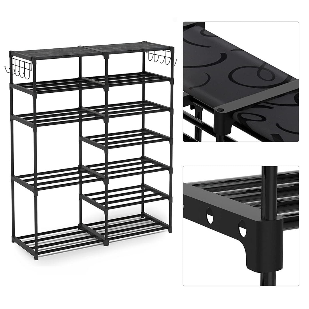 SOGA 2X 12-Shelf Tier Shoe Storage Shelf Space-Saving Caddy Rack Organiser with Side Hooks Black - Cafe Supply