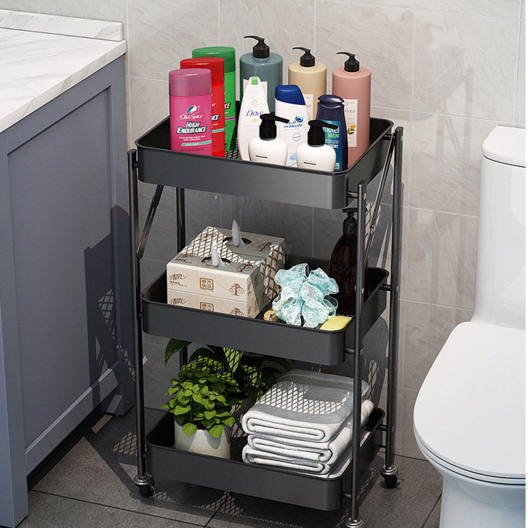 SOGA 3 Tier Steel Black Foldable Kitchen Cart Multi-Functional Shelves Portable Storage Organizer with Wheels - Cafe Supply