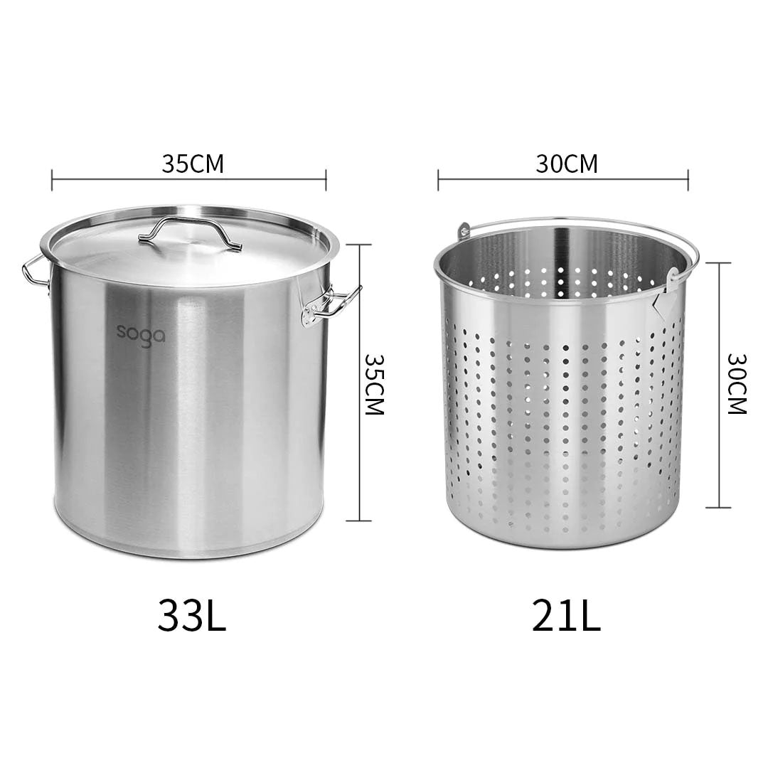 SOGA 33L 18/10 Stainless Steel Stockpot with Perforated Stock pot Basket Pasta Strainer - Cafe Supply
