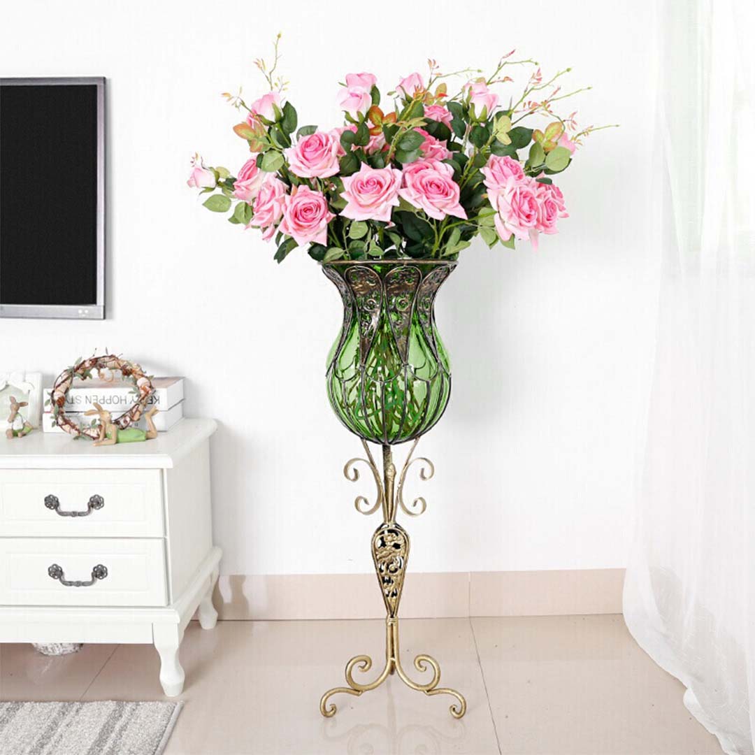 SOGA 85cm Green Glass Floor Vase with Tall Metal Flower Stand - Cafe Supply