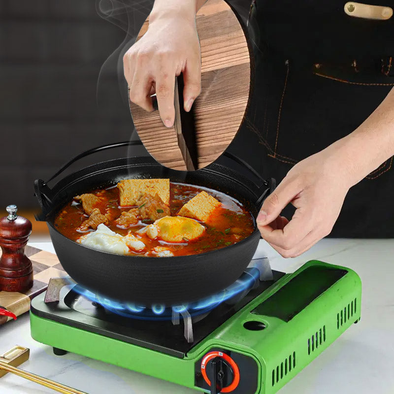 SOGA 29cm Cast Iron Japanese Style Sukiyaki Tetsu Nabe Shabu Hot Pot with Wooden Lid - Cafe Supply