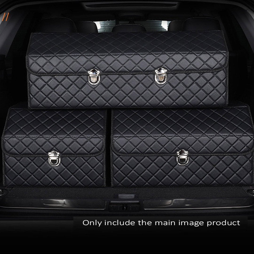 SOGA 4X Leather Car Boot Collapsible Foldable Trunk Cargo Organizer Portable Storage Box Black/White Stitch with Lock Medium - Cafe Supply
