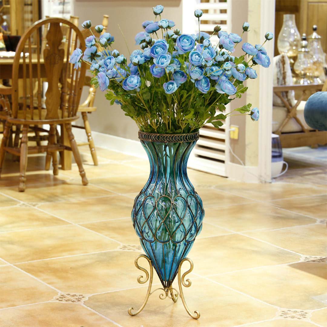 SOGA 67cm Blue Glass Tall Floor Vase with Metal Flower Stand - Cafe Supply
