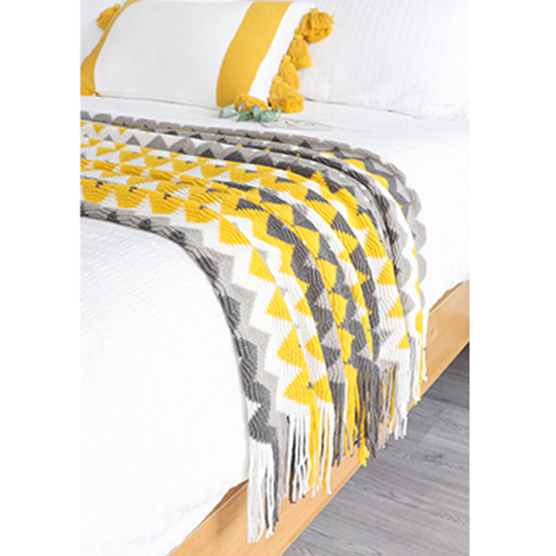 SOGA 2X 170cm Yellow Zigzag Striped Throw Blanket Acrylic Wave Knitted Fringed Woven Cover Couch Bed Sofa Home Decor - Cafe Supply