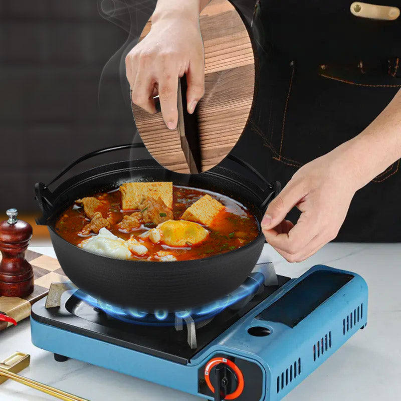 SOGA 2X 25cm Cast Iron Japanese Style Sukiyaki Tetsu Nabe Shabu Hot Pot with Wooden Lid - Cafe Supply