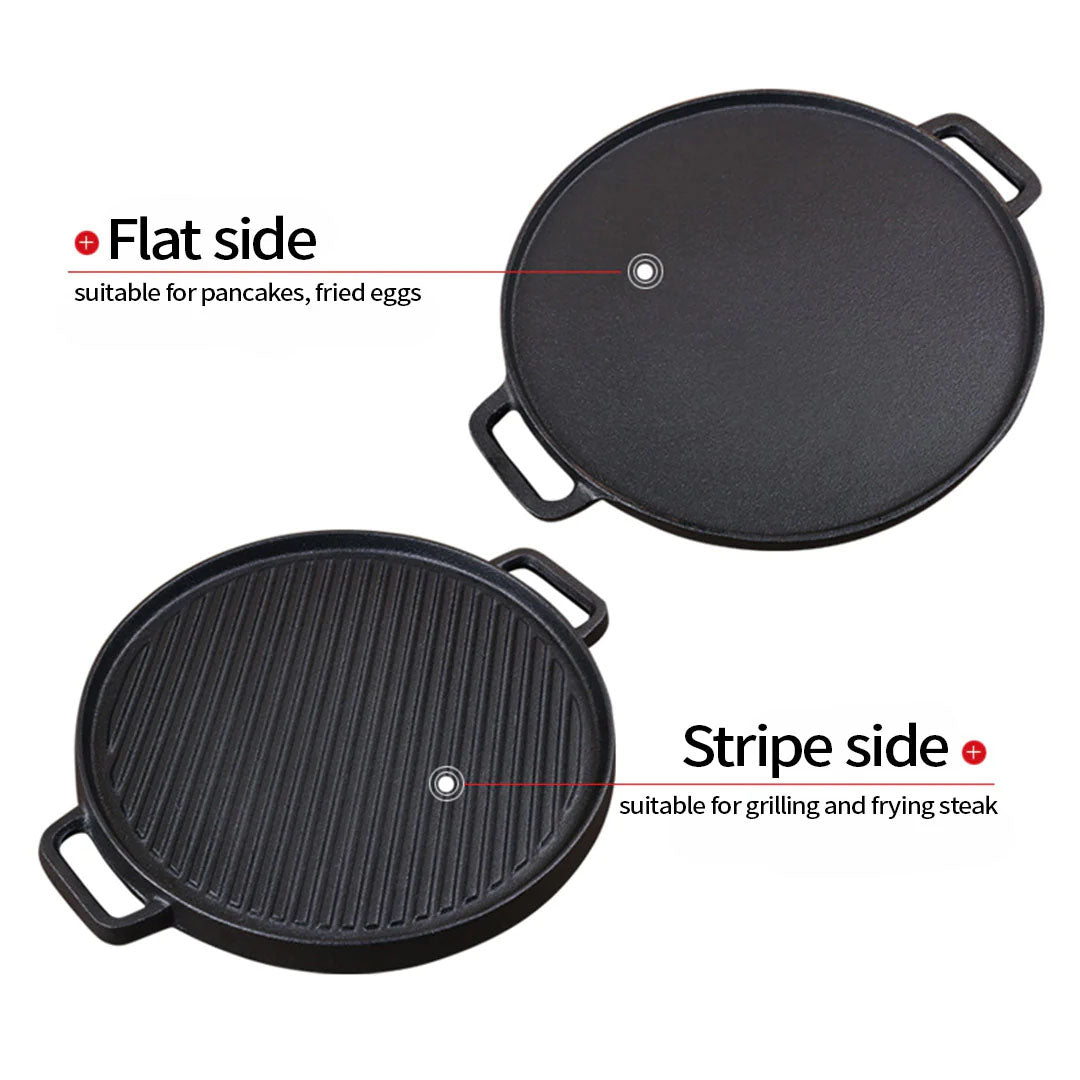 SOGA 2X 30cm Round Cast Iron Ribbed BBQ Pan Skillet Steak Sizzle Platter with Handle - Cafe Supply