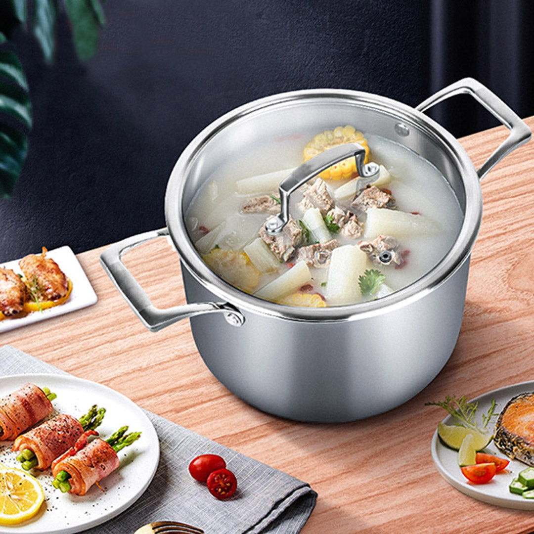 SOGA 2X 26cm Stainless Steel Soup Pot Stock Cooking Stockpot Heavy Duty Thick Bottom with Glass Lid - Cafe Supply