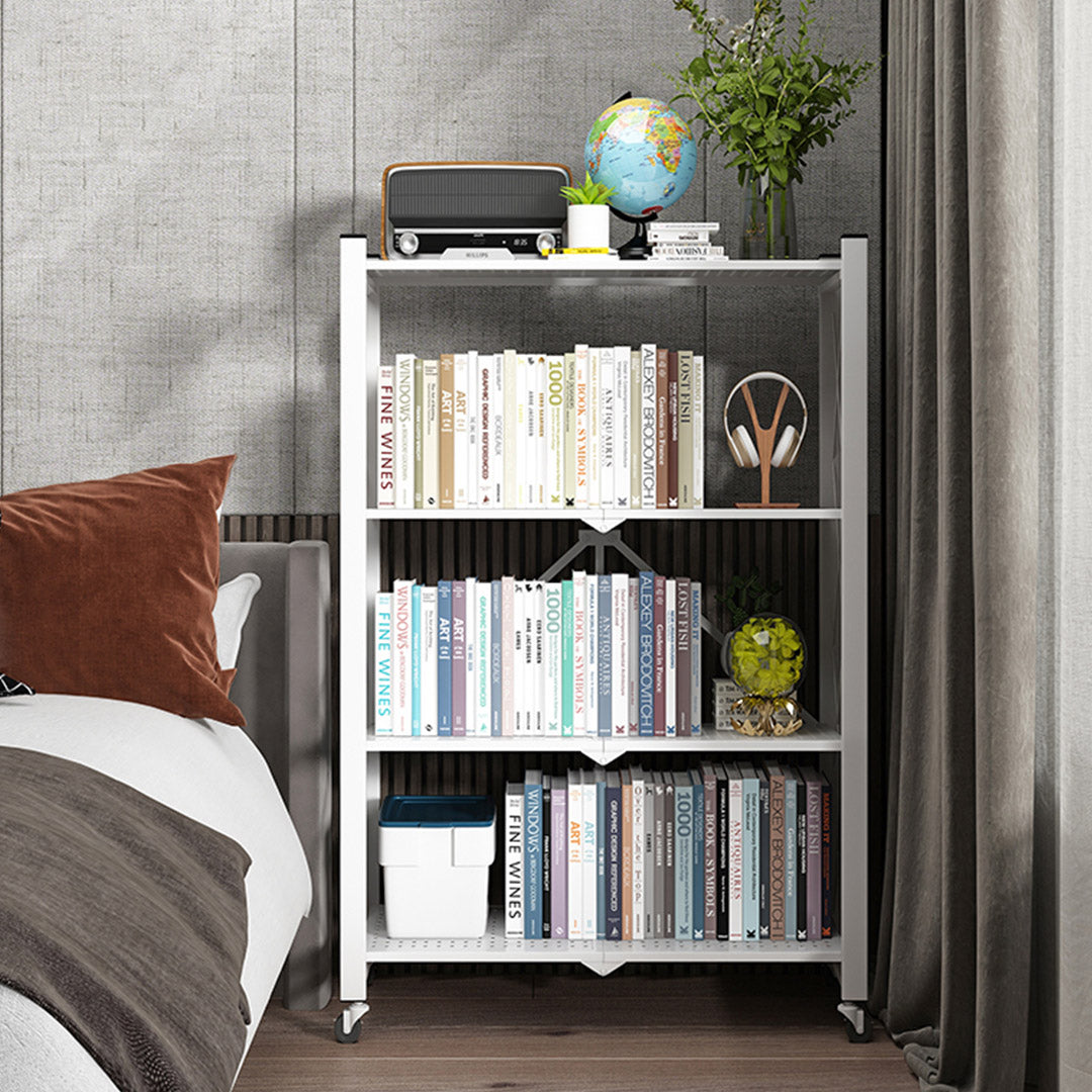 SOGA 4 Tier Steel White Foldable Display Stand Multi-Functional Shelves Portable Storage Organizer with Wheels - Cafe Supply