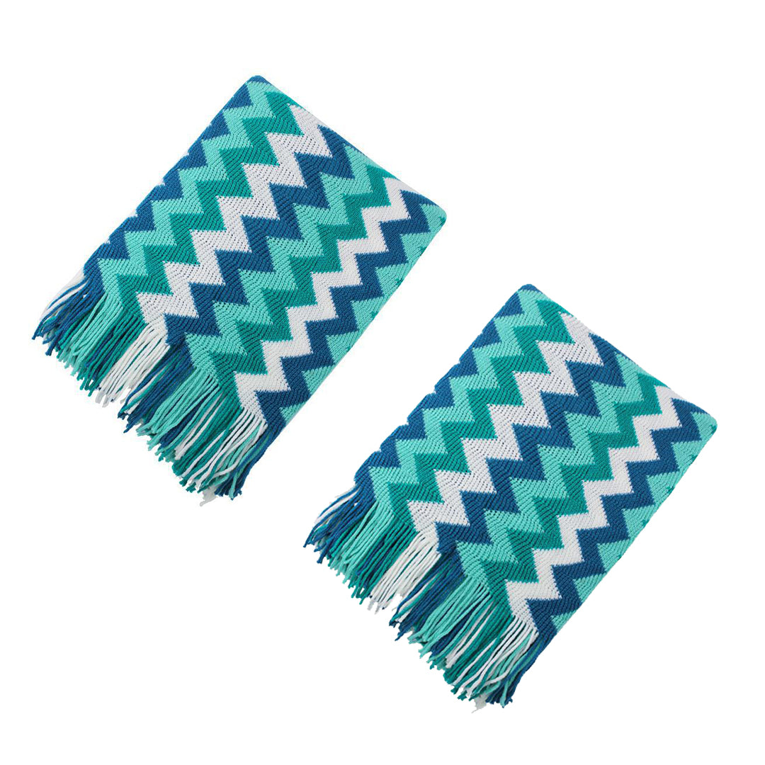 SOGA 2X 220cm Blue Zigzag Striped Throw Blanket Acrylic Wave Knitted Fringed Woven Cover Couch Bed Sofa Home Decor - Cafe Supply