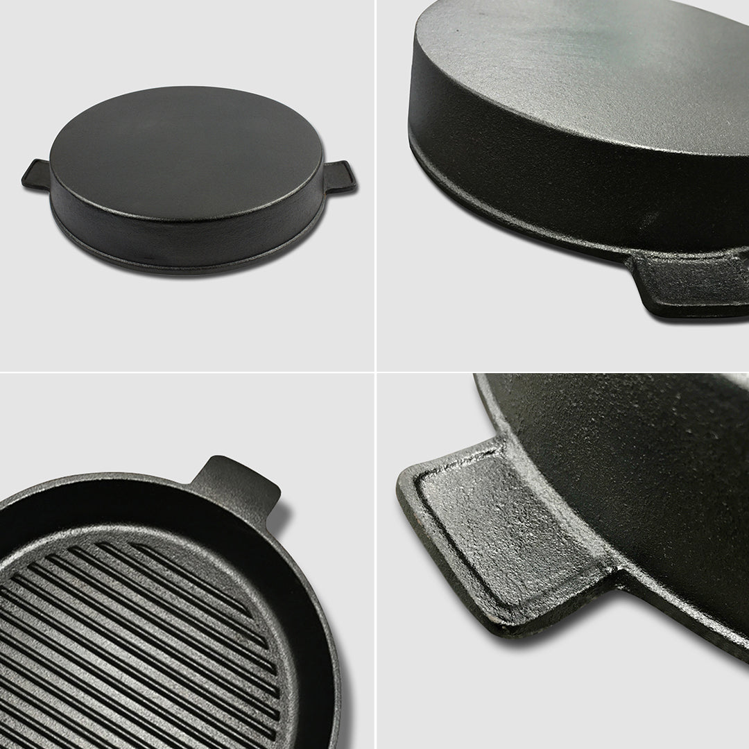 SOGA 2X 26cm Round Ribbed Cast Iron Frying Pan Skillet Steak Sizzle Platter with Handle - Cafe Supply