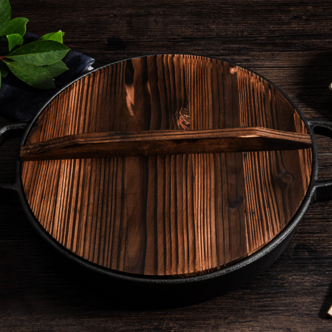 SOGA 33cm Round Cast Iron Pre-seasoned Deep Baking Pizza Frying Pan Skillet with Wooden Lid - Cafe Supply