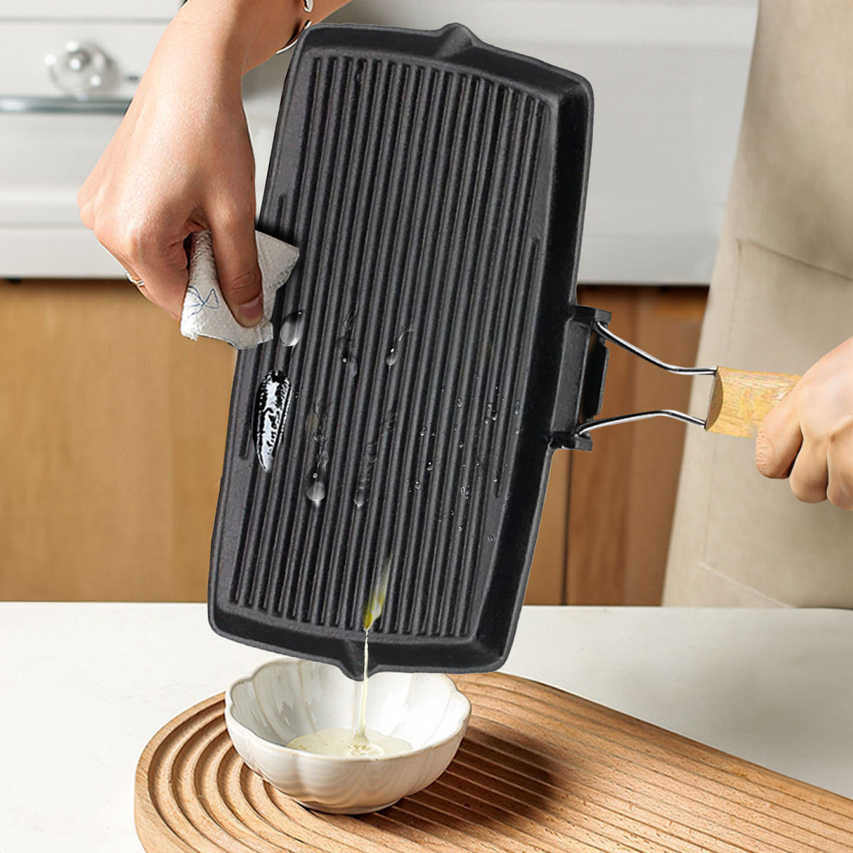 SOGA 20.5cm Rectangular Cast Iron Griddle Grill Frying Pan with Folding Wooden Handle - Cafe Supply