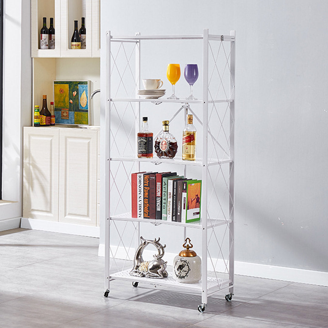 SOGA 5 Tier Steel White Foldable Kitchen Cart Multi-Functional Shelves Portable Storage Organizer with Wheels - Cafe Supply