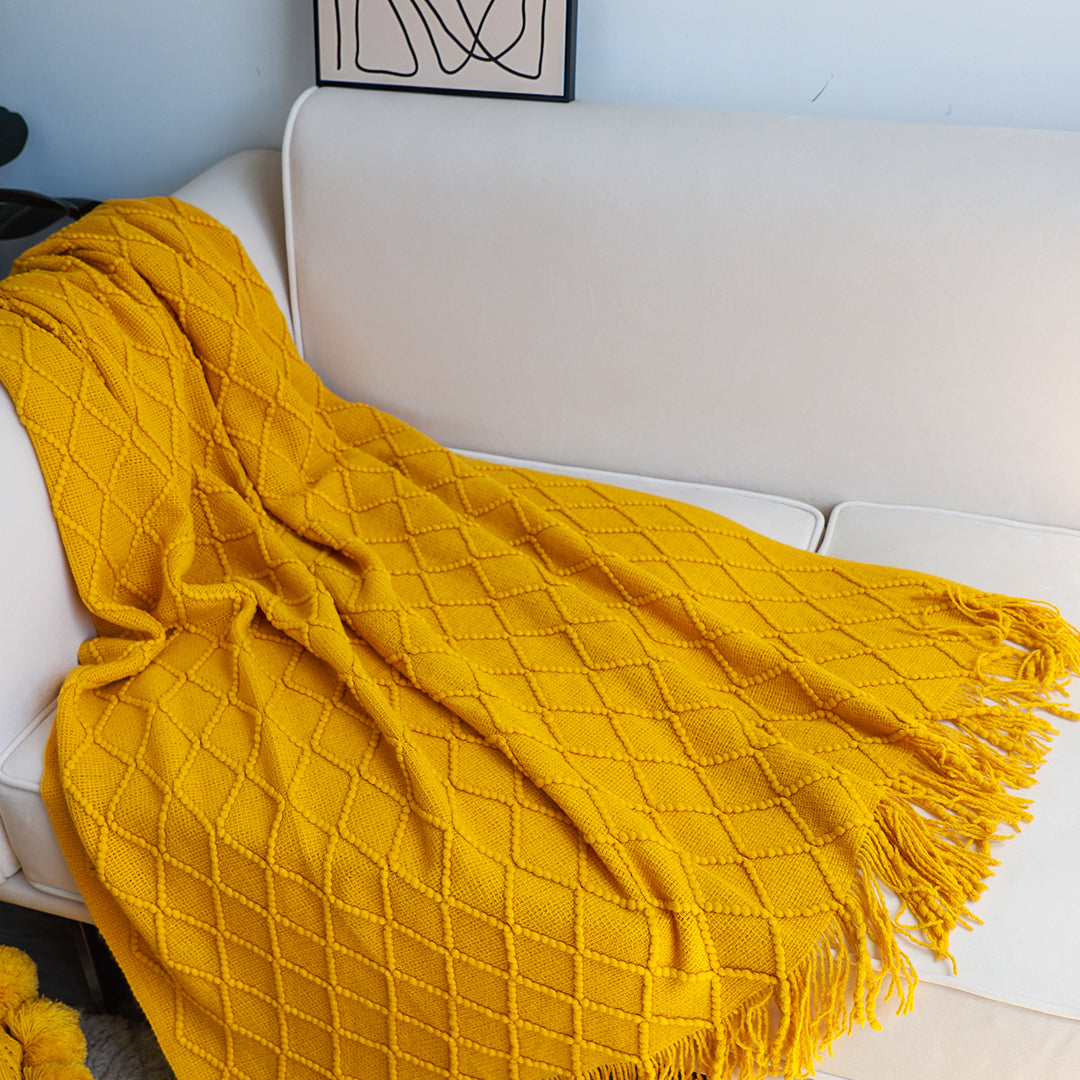 SOGA Yellow Diamond Pattern Knitted Throw Blanket Warm Cozy Woven Cover Couch Bed Sofa Home Decor with Tassels - Cafe Supply