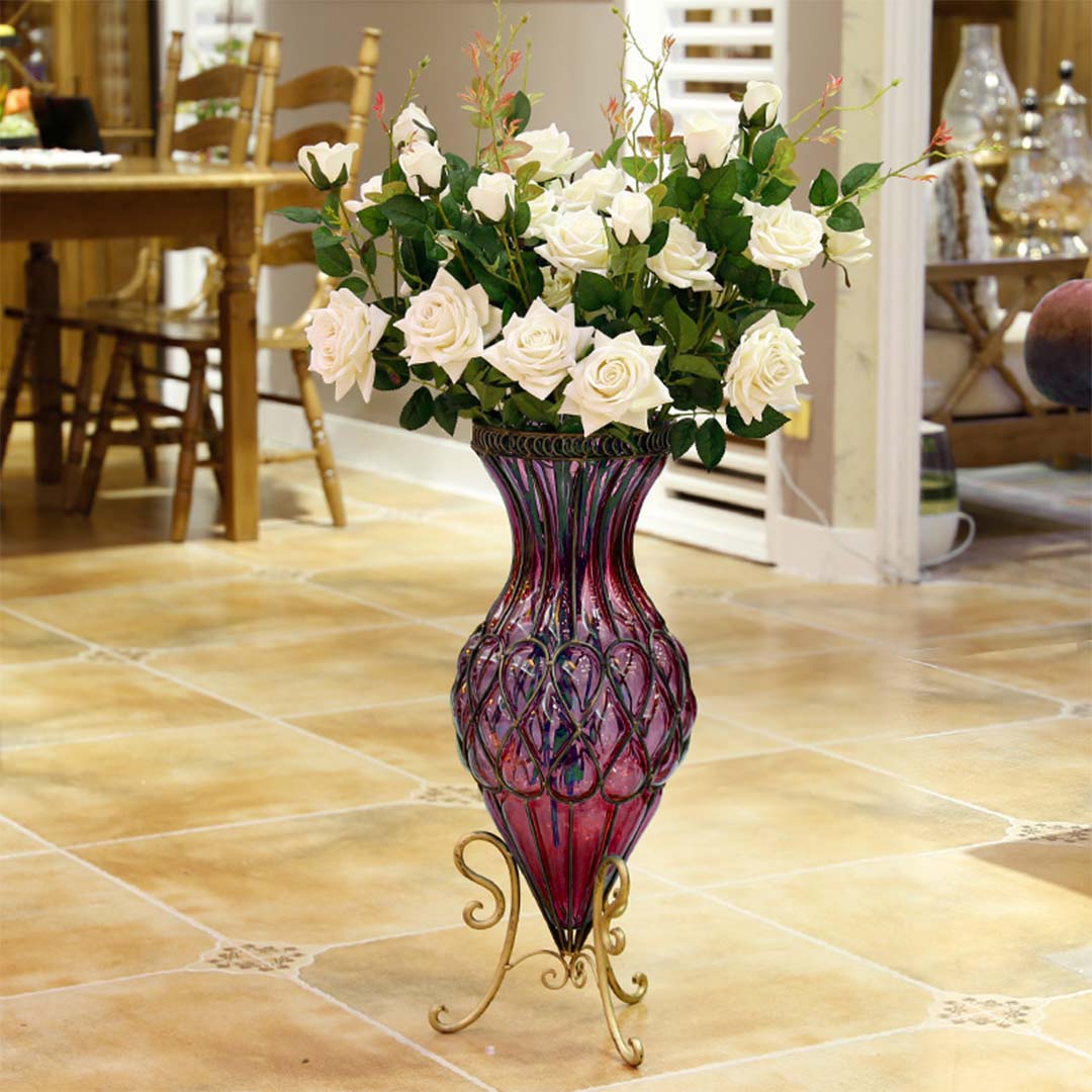 SOGA 67cm Purple Glass Tall Floor Vase with Metal Flower Stand - Cafe Supply