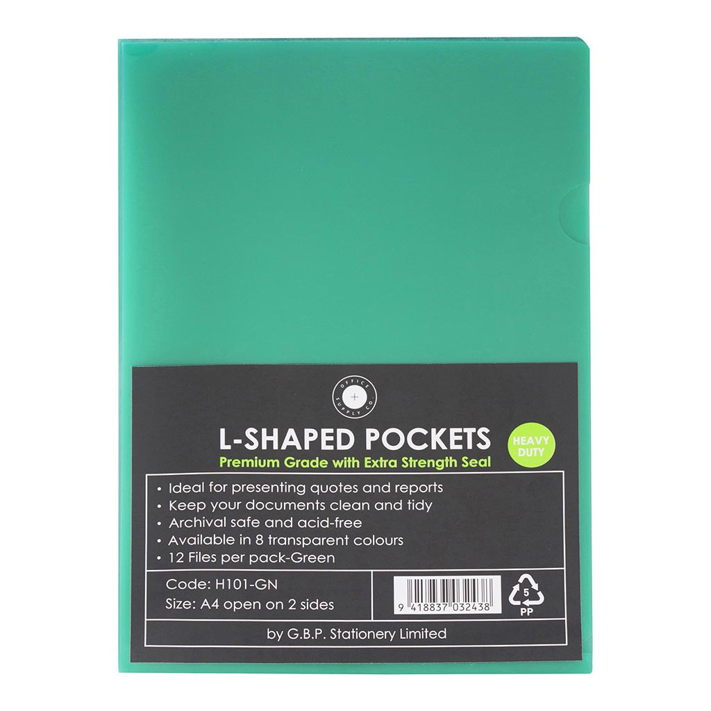 OSC L Shaped Pockets A4 Green, Pack of 12 - Cafe Supply