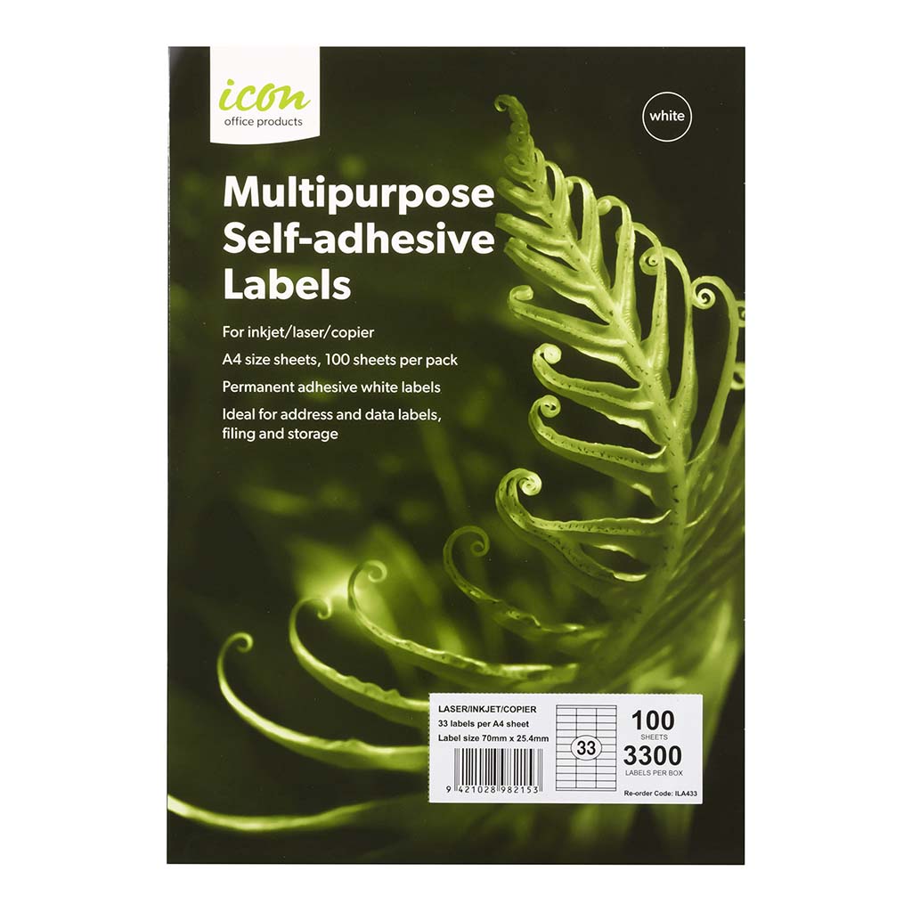 Icon Multipurpose Labels 33 Per Sheet 70x25.4mm, Pack of 100 - Cafe Supply