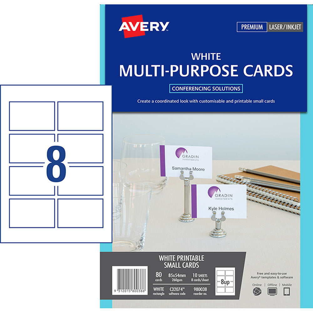 Avery Cards Multi Purpose Inkjet Laser 8up 10 Sheets - Cafe Supply