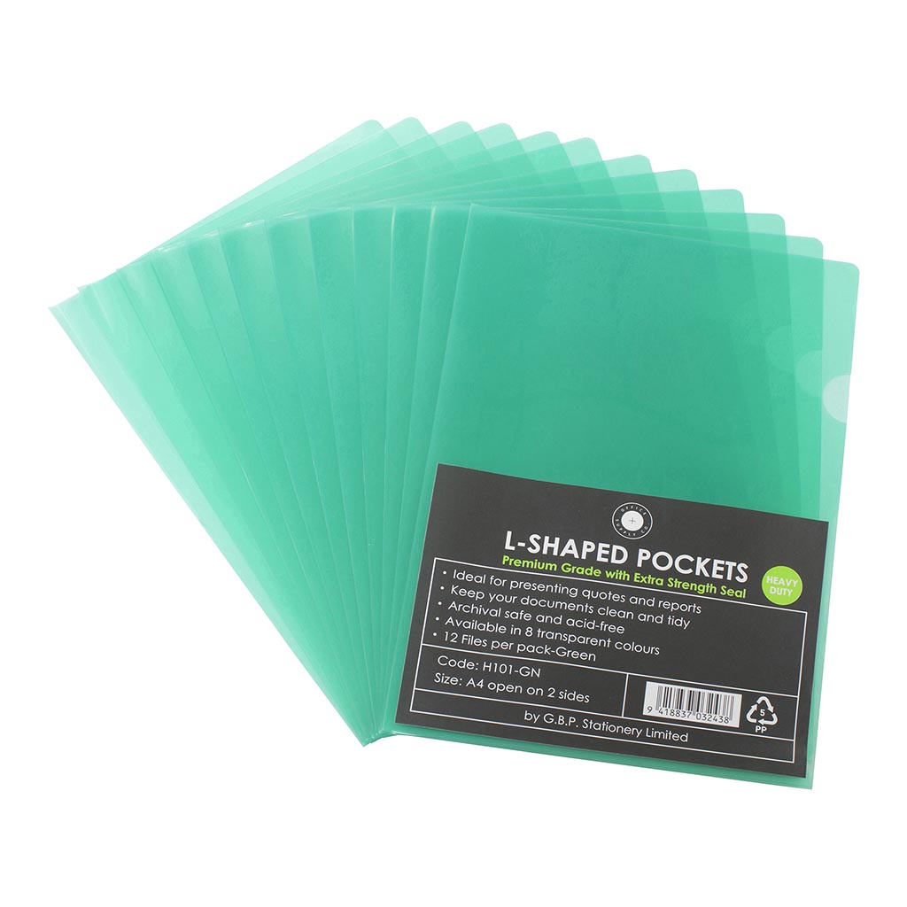 OSC L Shaped Pockets A4 Green, Pack of 12 - Cafe Supply