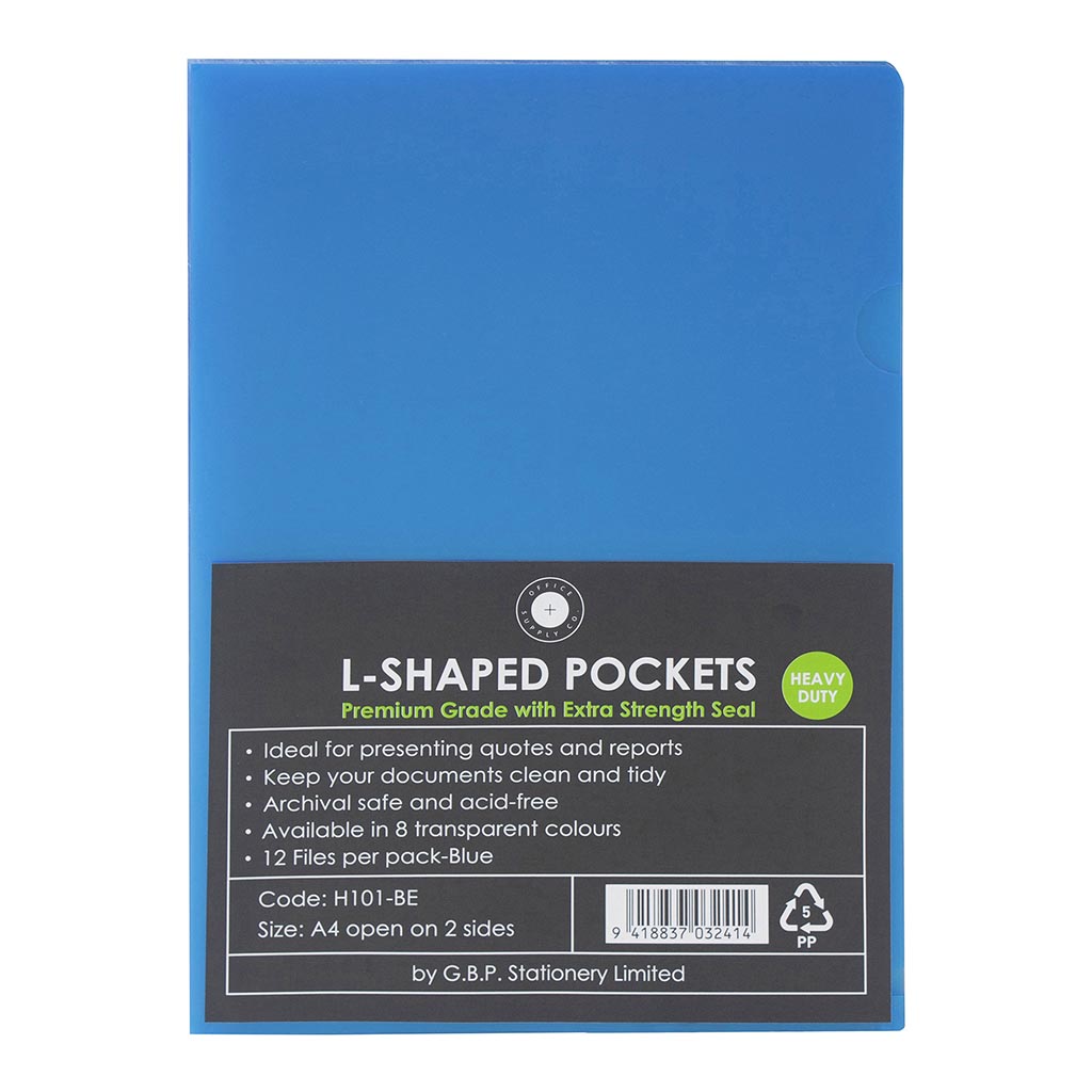OSC L Shaped Pockets A4 Blue, Pack of 12 - Cafe Supply
