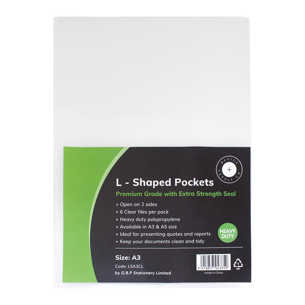 OSC L Shaped Pockets Heavy Duty A3 Clear, Pack of 6 - Cafe Supply