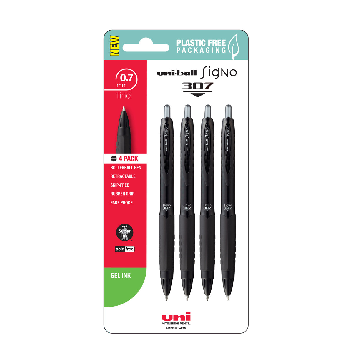 Uni Signo 307 0.7mm Fine Retractable Black Hangsell Pk4 - Cafe Supply