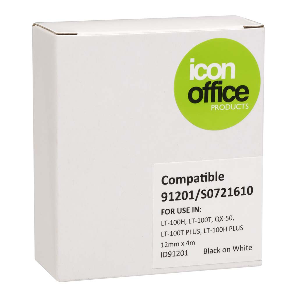 Icon Compatible Dymo LetraTag Tape 91201 12mmx4m Black on White - Cafe Supply