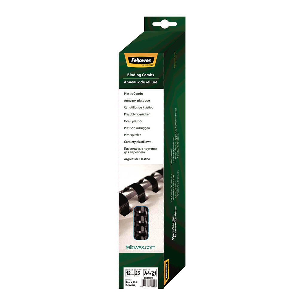 Fellowes Plastic Binding Coils 12mm Black, Pack of 25 - Cafe Supply