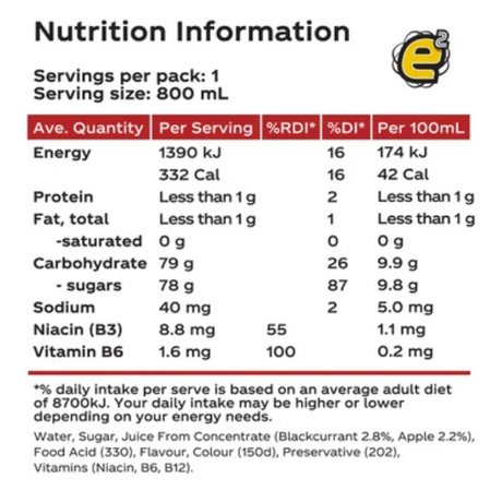 e2 Blackcurrant & Apple Liquid Energy Fruit Drink 800ml - Cafe Supply