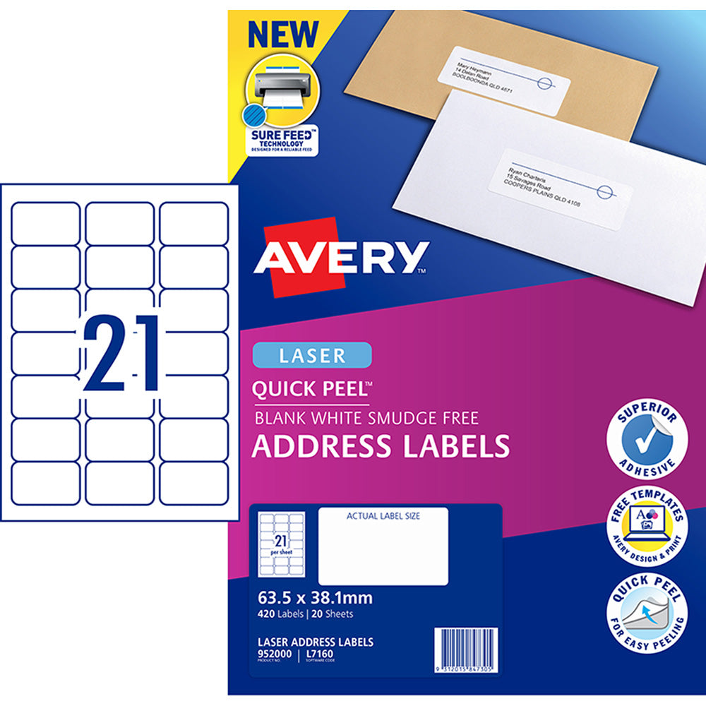 Avery Label L7160-20 Laser 21up 20 Sheets 63x38mm - Cafe Supply