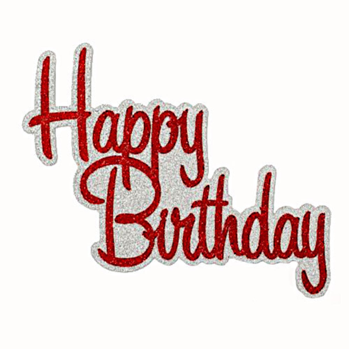 "Happy Birthday" Glitter Silver & Red Cake Topper (Card 130x110mm) - Cafe Supply