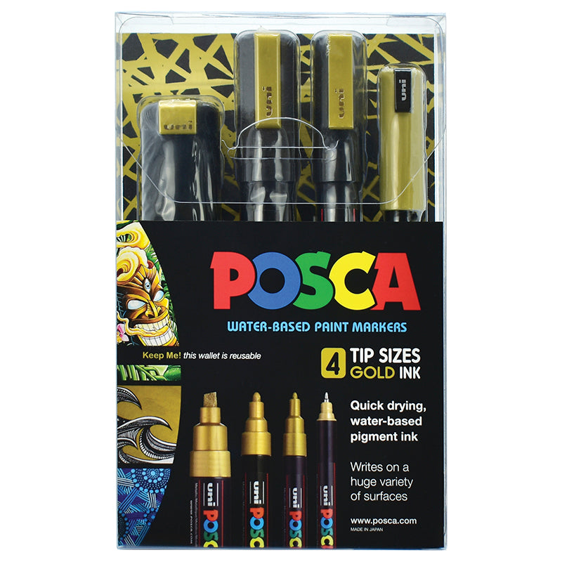 Uni Posca Marker Gold Set Pack of 4 Tip Sizes - Cafe Supply