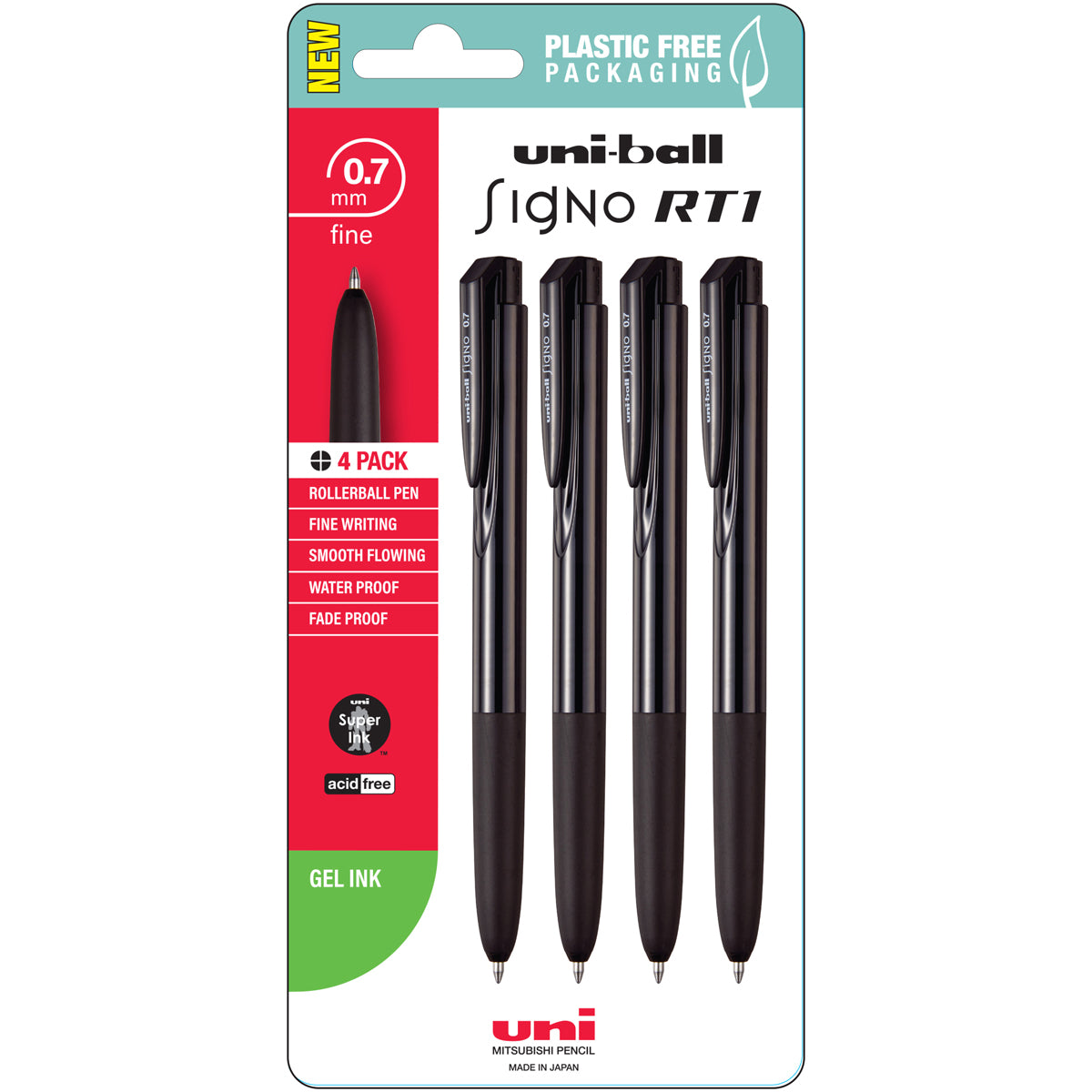 Uni Signo RT1 0.7mm Retractable Black Hangsell Pk4 - Cafe Supply