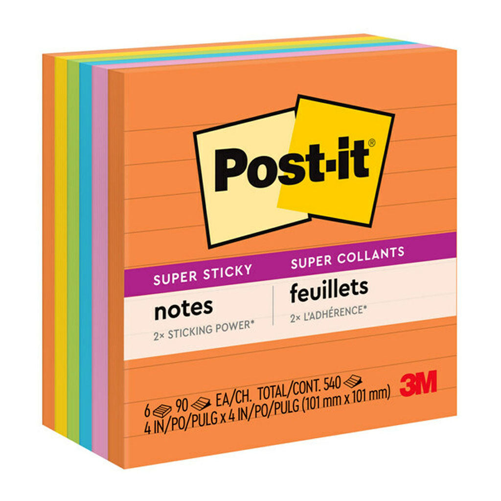 Post-it Super Sticky Lined Notes 675-6SSUC 101x101mm Energy (Rio), Pack of 6 - Cafe Supply