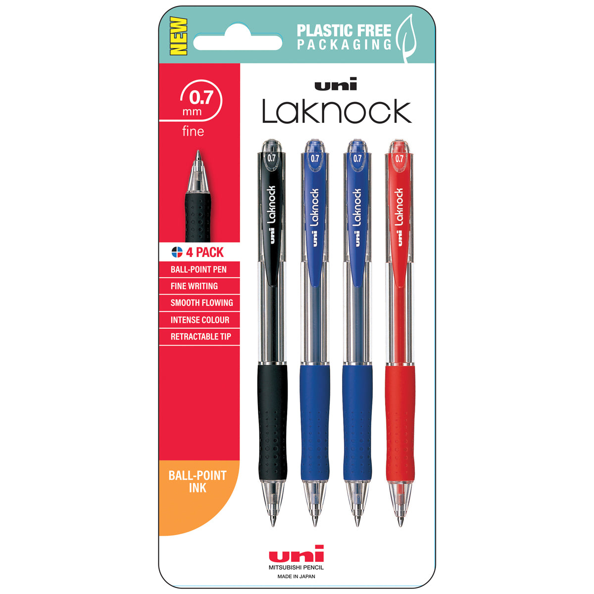Uni Laknock 0.7mm Fine Retractable Assorted Hangsell Pk4 - Cafe Supply