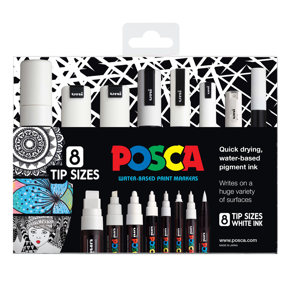Uni Posca Marker White Set Pack of 8 Tip Sizes - Cafe Supply