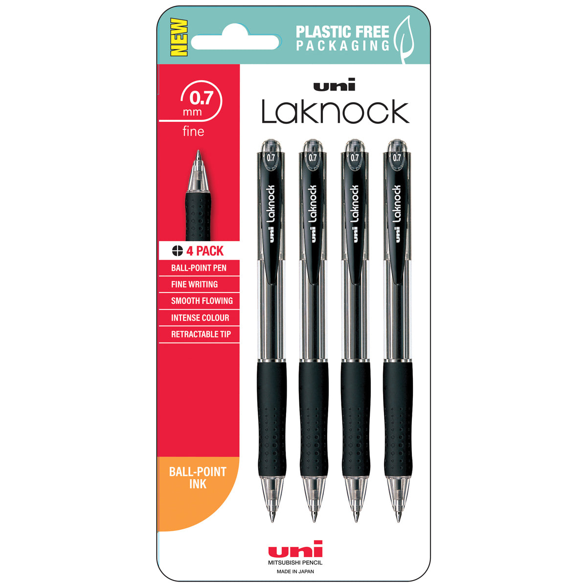 Uni Laknock 0.7mm Fine Retractable Black Hangsell Pk4 - Cafe Supply