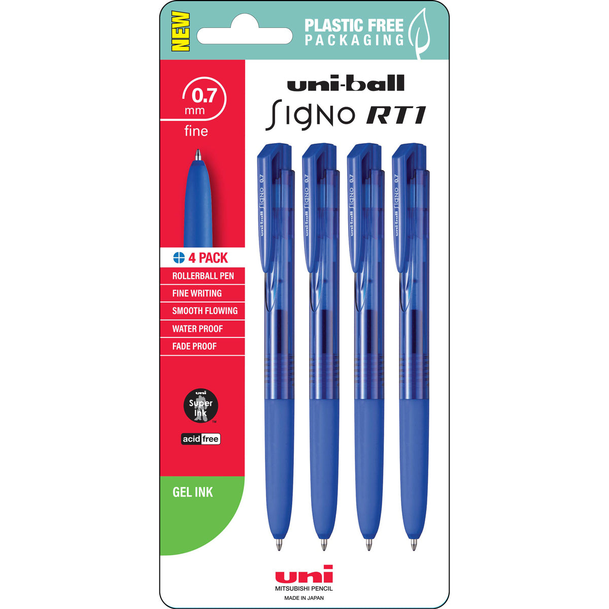 Uni Signo RT1 0.7mm Retractable Blue Hangsell Pk4 - Cafe Supply