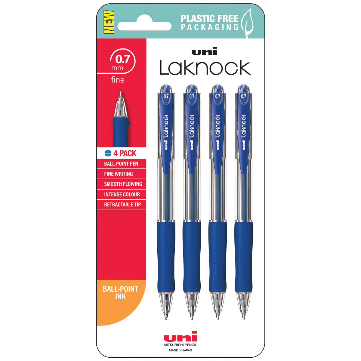 Uni Laknock 0.7mm Fine Retractable Blue Hangsell Pk4 - Cafe Supply