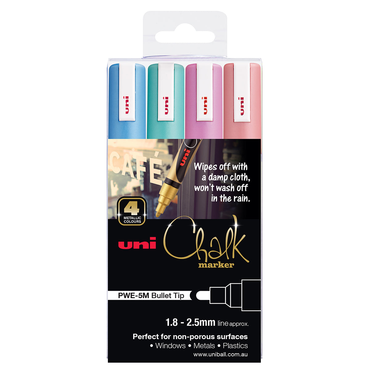 Uni Chalk Marker 1.8-2.5mm Bullet Tip 4 Pack Metallic PWE-5M - Cafe Supply