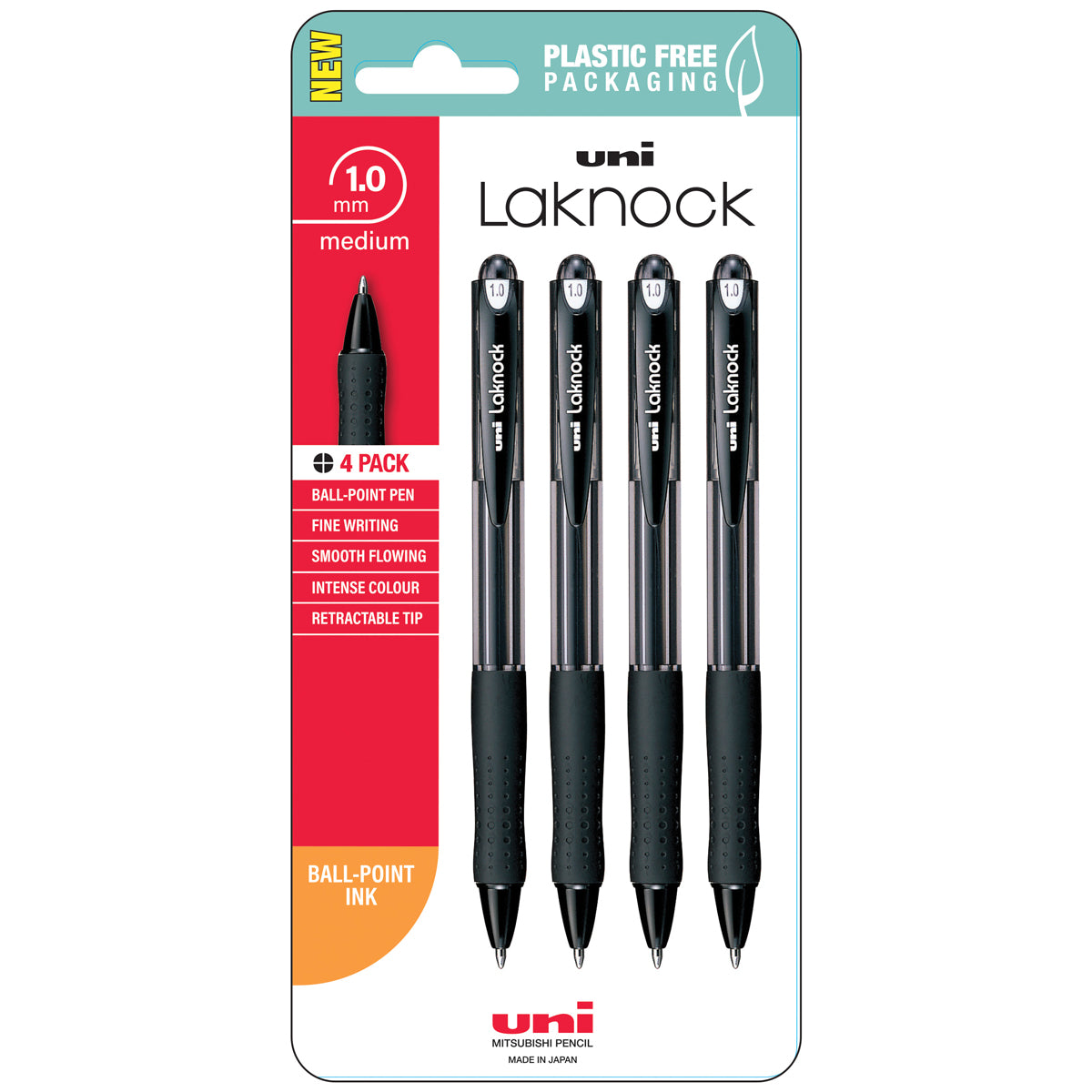 Uni Laknock 1.0mm Medium Retractable Black Hangsell Pk4 - Cafe Supply