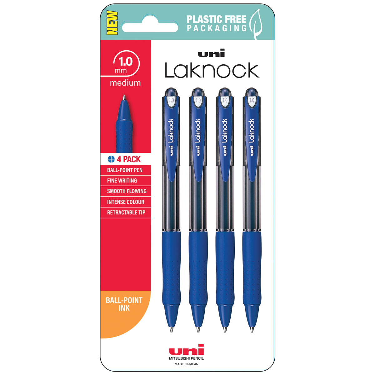 Uni Laknock 1.0mm Medium Retractable Blue Hangsell Pk4 - Cafe Supply