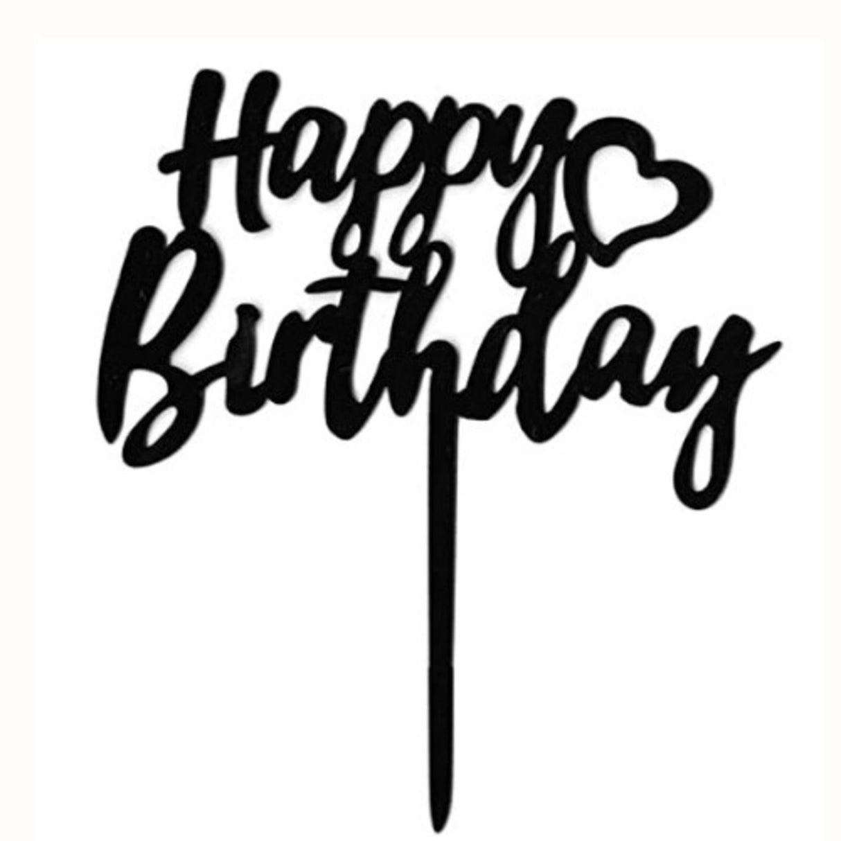 "Happy Birthday" Black Heart Topper Pic (150x120mm) - Cafe Supply