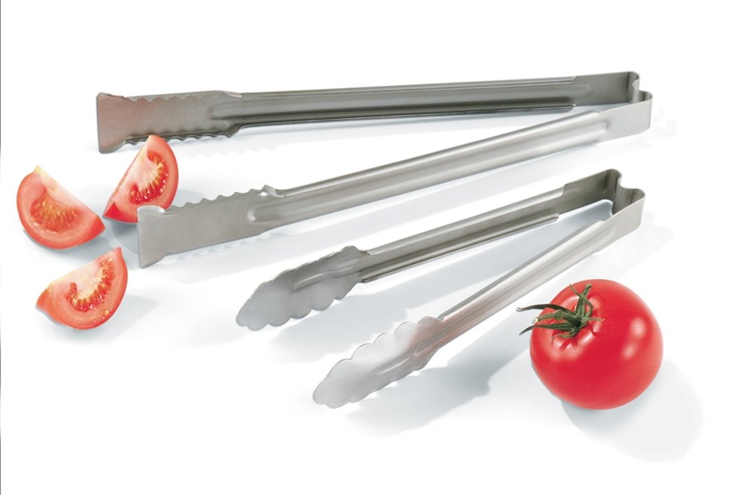 6-inch heavy-duty stainless steel one-piece scalloped tongs - Cafe Supply