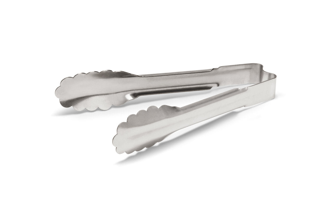 6-inch heavy-duty stainless steel one-piece scalloped tongs - Cafe Supply