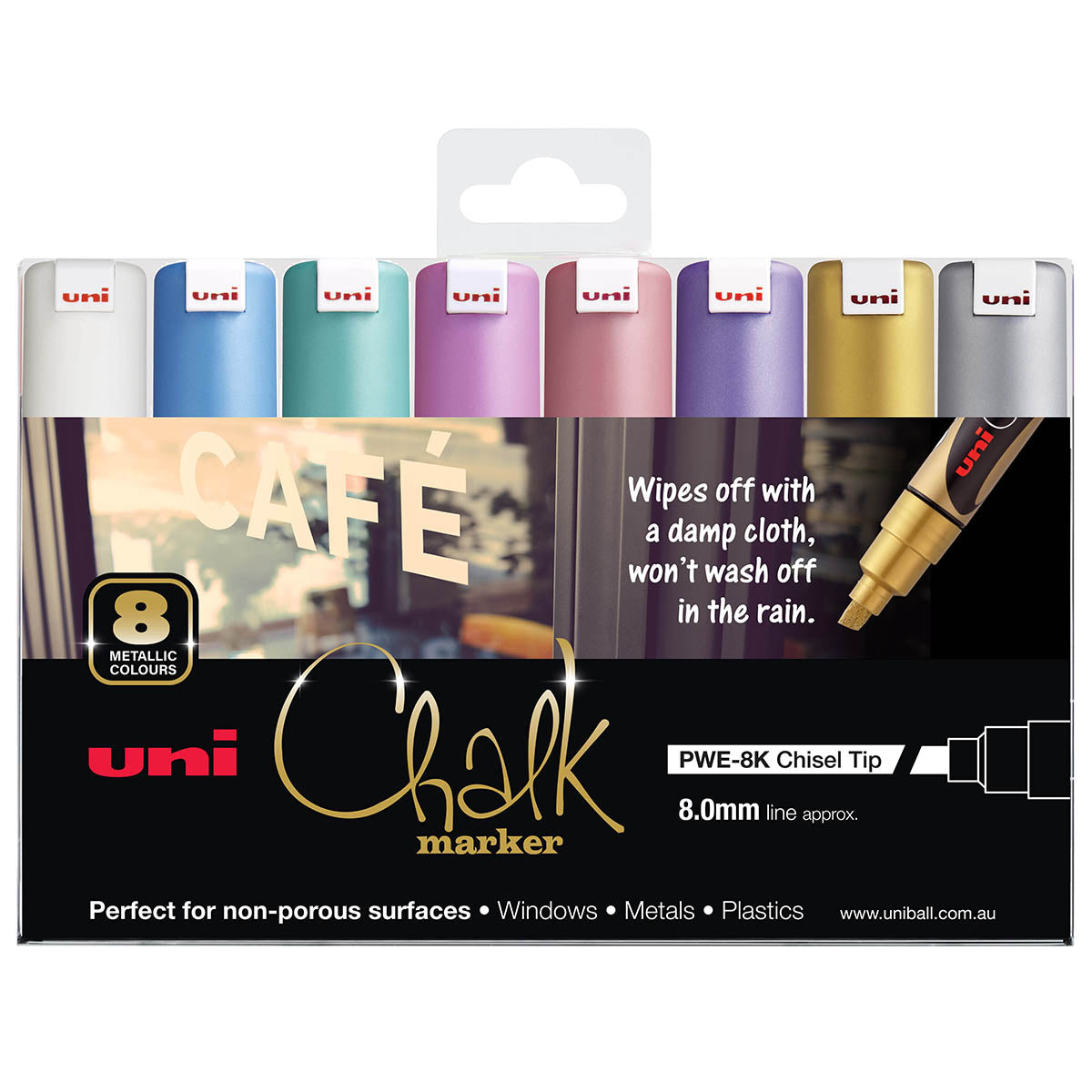 Uni Chalk Marker 8.0mm Bold Chisel Tip 8 Pack Metallic PWE-8K - Cafe Supply