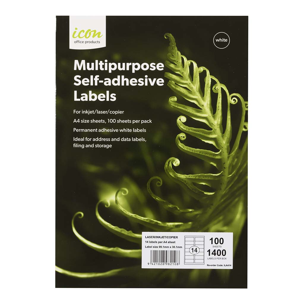Icon Multipurpose Labels 14 Per Sheet 99.1x38.1mm, Pack of 100 - Cafe Supply