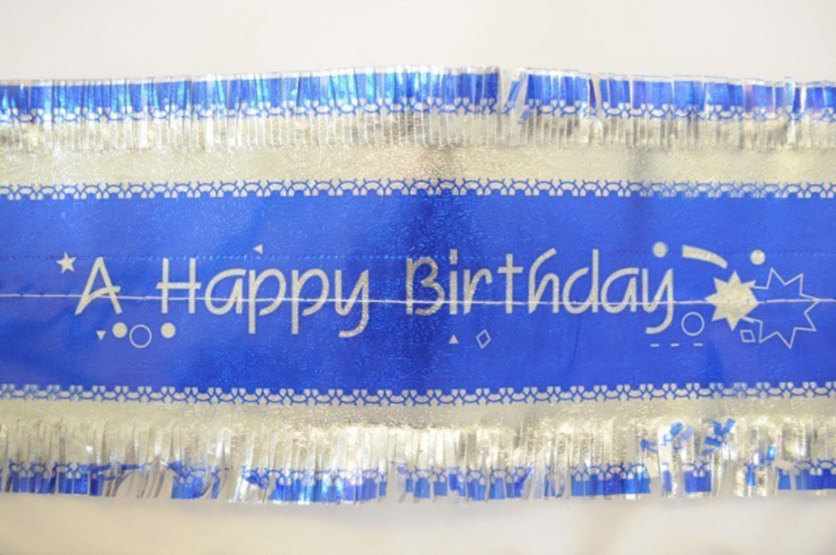 Happy Birthday Band 1m x 76mm wide Silver on Blue - Cafe Supply
