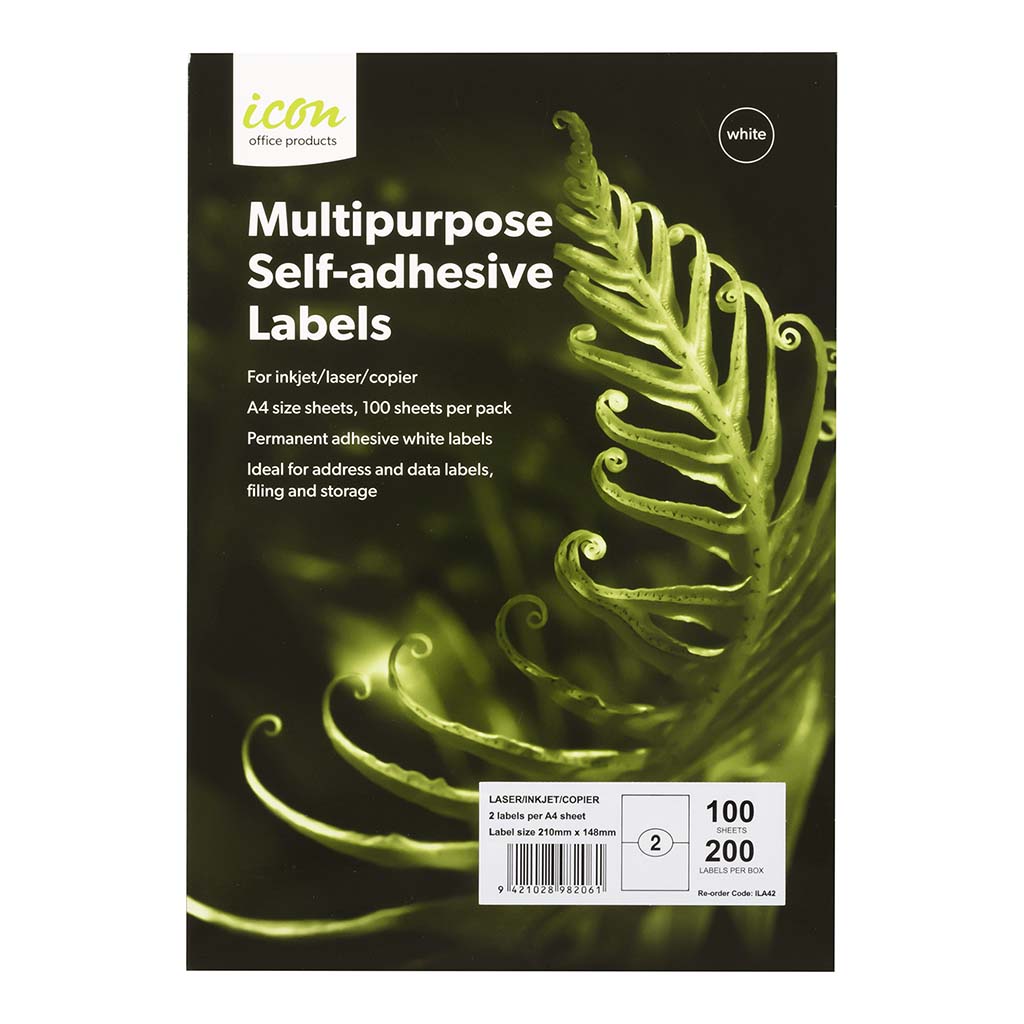 Icon Multipurpose Labels 2 Per Sheet 210x148mm, Pack of 100 - Cafe Supply